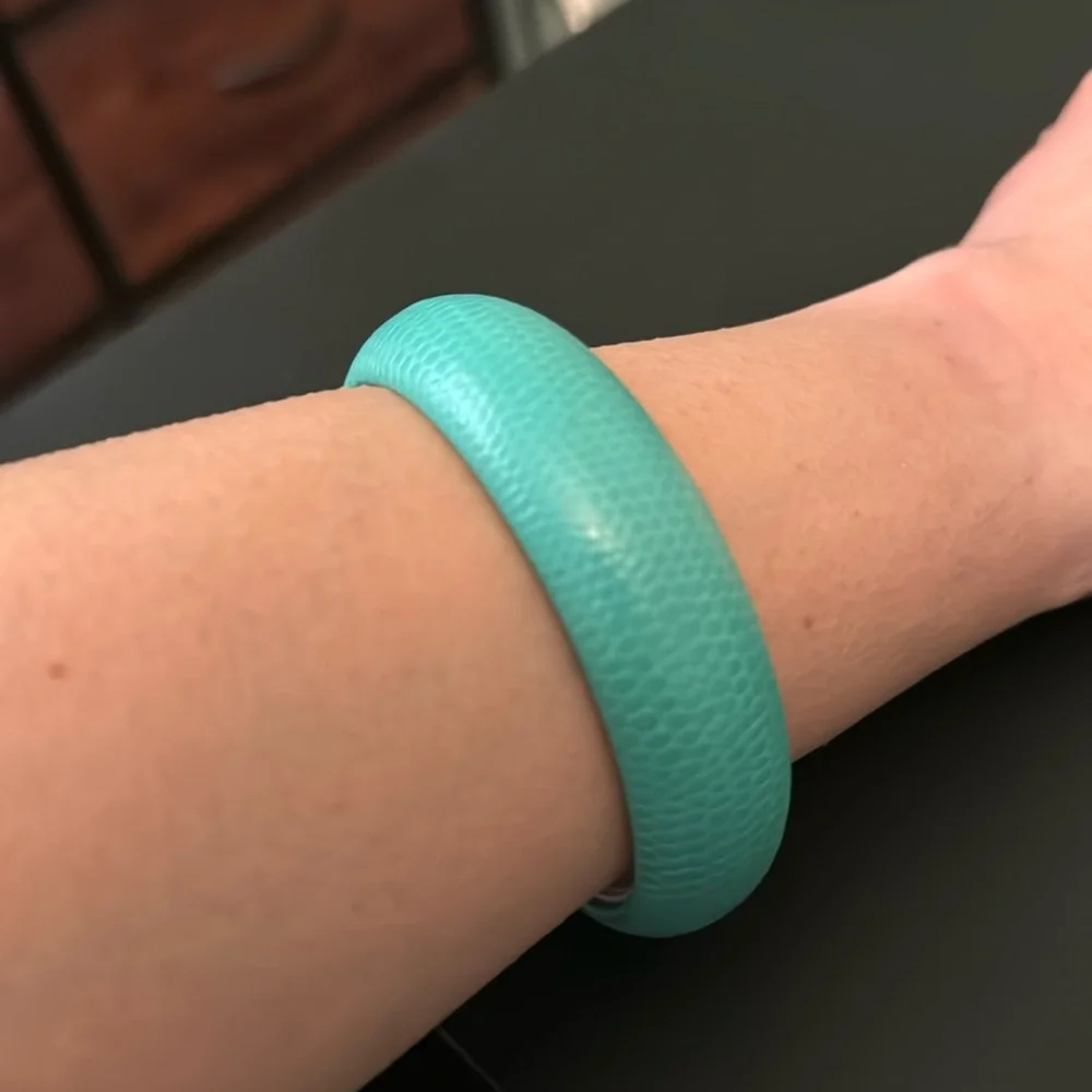 Vintage Plastic Bangle Bracelet, Faux Leather Exterior, Teal, Retro, Boho